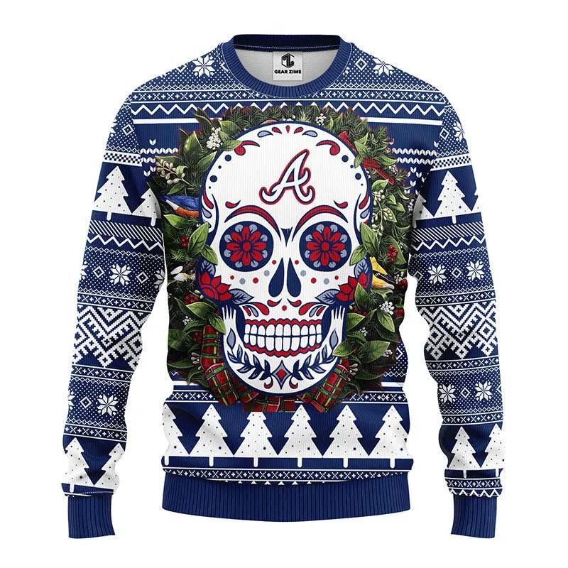 Atlanta Braves Skull Flower Ugly Christmas Sweater, MLB Christmas Sweater Moonbestprint