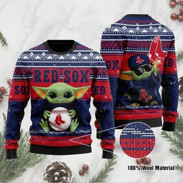 Baby Yoda And Grogu Boston Red Sox Christmas Ugly Sweater, MLB Christmas Sweater Moonbestprint