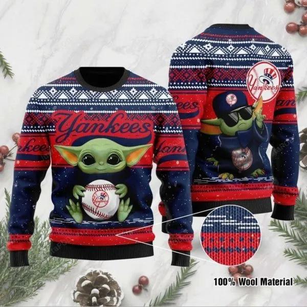 Baby Yoda And Grogu New York Yankees Christmas Ugly Sweater, MLB Christmas Sweater Moonbestprint