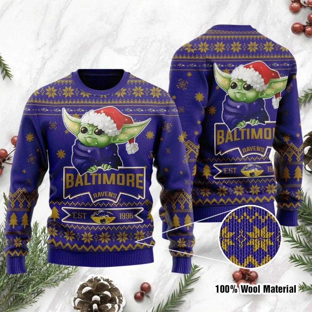 Baby Yoda Baltimore Ravens Est 1966 Ugly Christmas Sweater, NFL Christmas Sweater Moonbestprint
