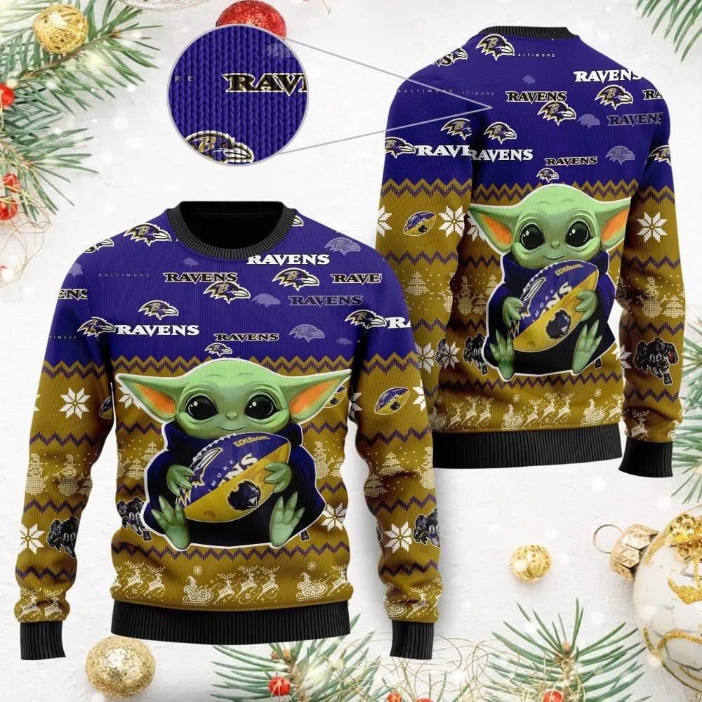 Baby Yoda Baltimore Ravens Ugly Christmas Sweater, NFL Christmas Sweater Moonbestprint