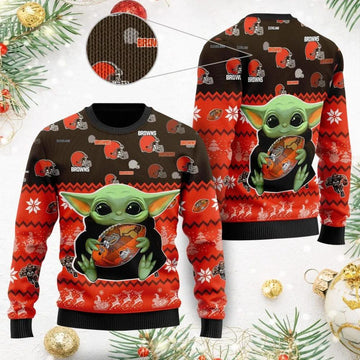 Baby Yoda Cleveland Browns Ugly Christmas Sweater, NFL Christmas Sweater Moonbestprint
