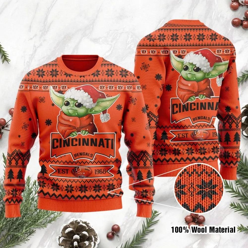 Baby Yoda Grogu Cincinnati Bengals Ugly Christmas Sweater, NFL Christmas Sweater Moonbestprint