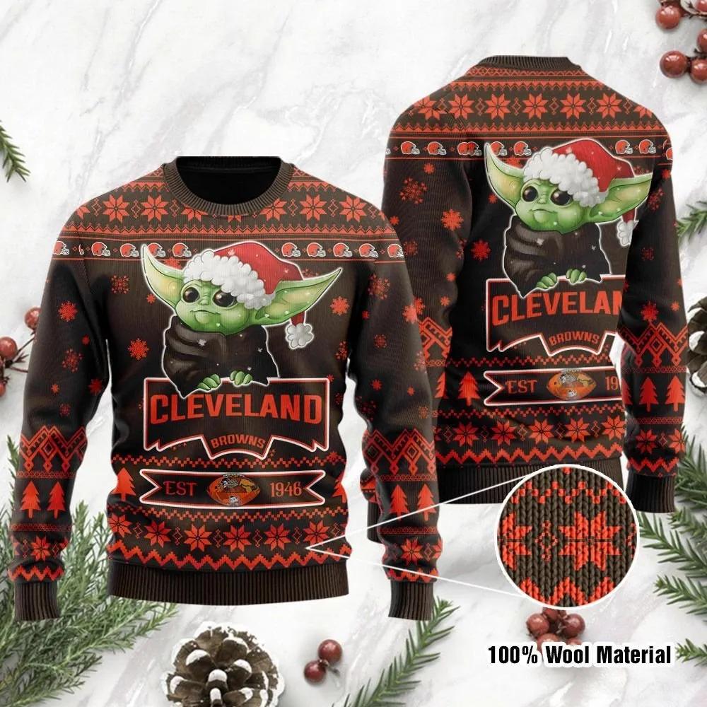 Baby Yoda Grogu Cleveland Browns Ugly Christmas Sweater, NFL Christmas Sweater Moonbestprint