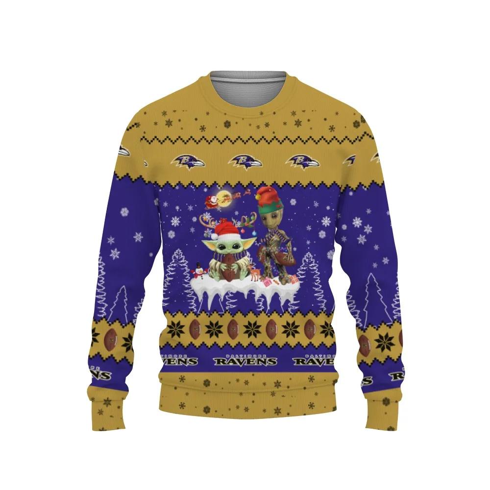 Baby Yoda Groot Cute Baltimore Ravens Ugly Christmas Sweater, NFL Christmas Sweater Moonbestprint