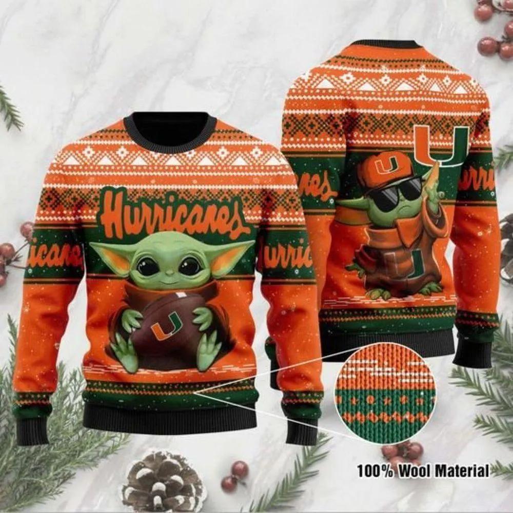 Baby Yoda Miami Hurricanes Football Ugly Christmas Sweater, NCAA Christmas Sweater Moonbestprint