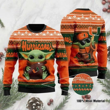 Baby Yoda Miami Hurricanes Football Ugly Christmas Sweater, NCAA Christmas Sweater Moonbestprint