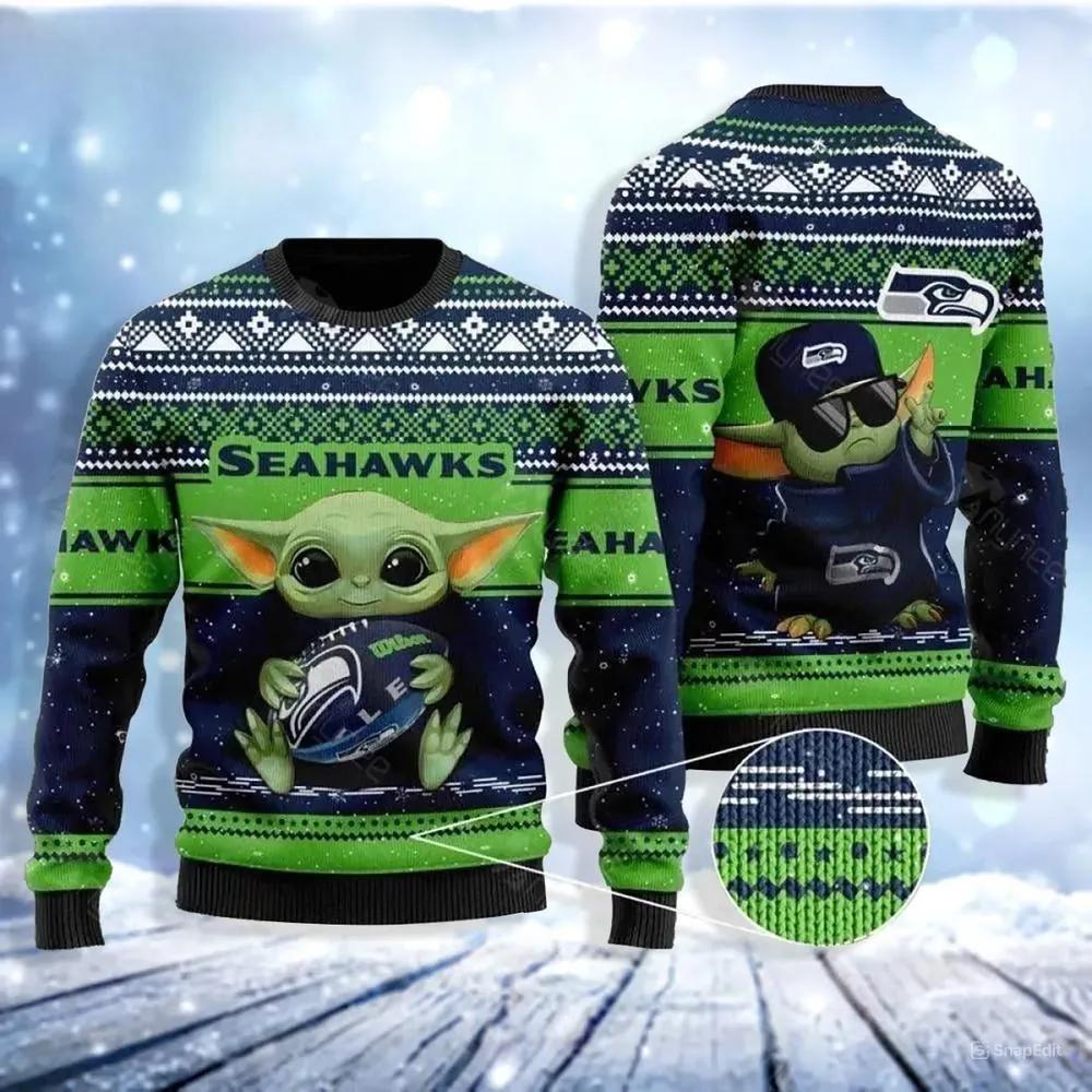 Baby Yoda Seattle Seahawks Ugly Christmas Sweater, NFL Christmas Sweater Moonbestprint