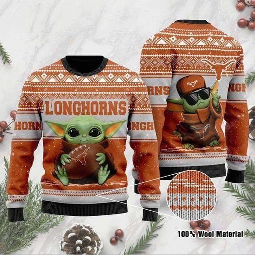 Baby Yoda Texas Longhorns Football Ugly Christmas Sweater, NCAA Christmas Sweater Moonbestprint