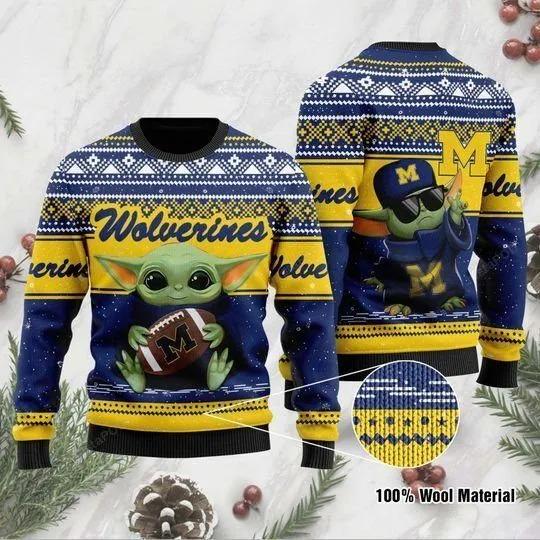 Baby Yoda Michigan Wolverines Football Ugly Christmas Sweater, NCAA Christmas Sweater Moonbestprint