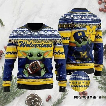 Baby Yoda Michigan Wolverines Football Ugly Christmas Sweater, NCAA Christmas Sweater Moonbestprint