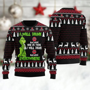 Bacardi Grinch Will Drink Everywhere Ugly Sweater, Grinch Holiday Sweater Moonbestprint