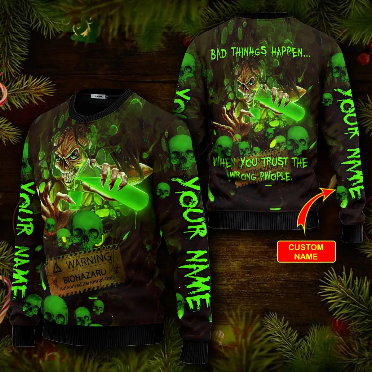 Bad Things Happen Custom Name Skull Ugly Christmas Sweater Moonbestprint