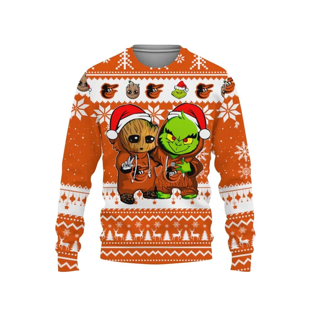 Baltimore Orioles Baby Groot And Grinch Best Friends Ugly Christmas Sweater, MLB Christmas Sweater Moonbestprint