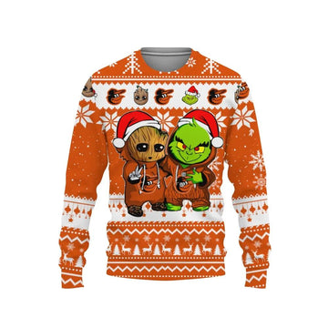 Baltimore Orioles Baby Groot And Grinch Best Friends Ugly Christmas Sweater, MLB Christmas Sweater Moonbestprint