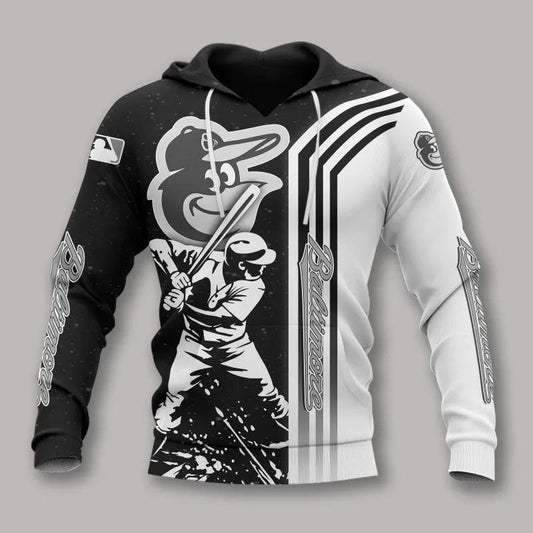 Baltimore Orioles Black And White All Over Print Apparel 1, MLB Hoodie Moonbestprint