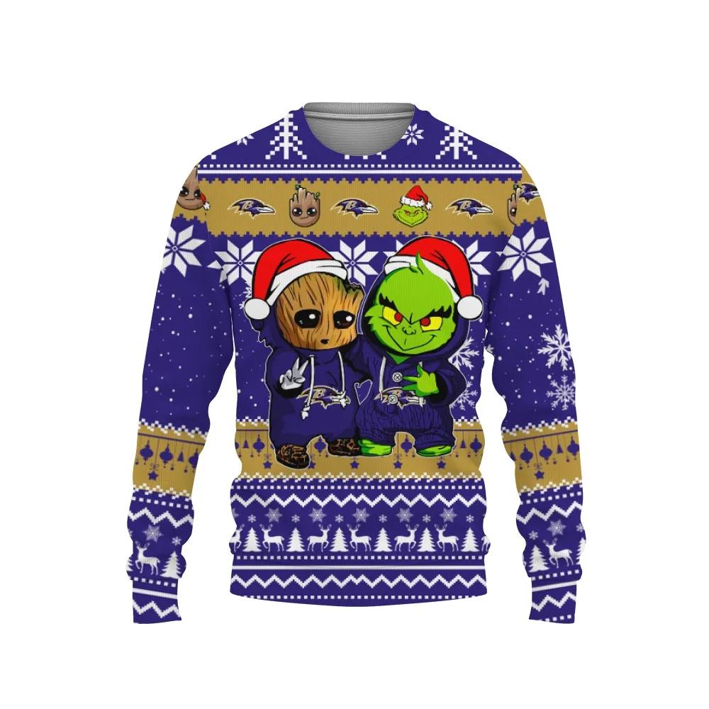 Baltimore Ravens Baby Groot And Grinch Best Friends Ugly Christmas Sweater, NFL Christmas Sweater Moonbestprint