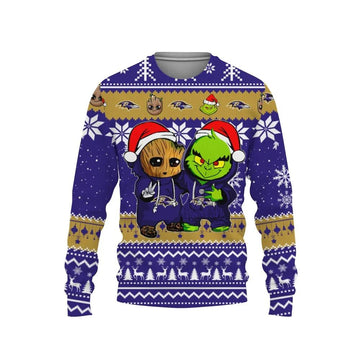 Baltimore Ravens Baby Groot And Grinch Best Friends Ugly Christmas Sweater, NFL Christmas Sweater Moonbestprint