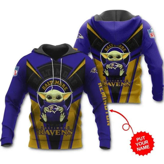 Baltimore Ravens Baby Yoda Personalized All Over Hoodie, NFL Hoodie Moonbestprint