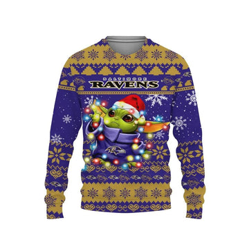Baltimore Ravens Baby Yoda Star Wars Ugly Christmas Sweater, NFL Christmas Sweater Moonbestprint