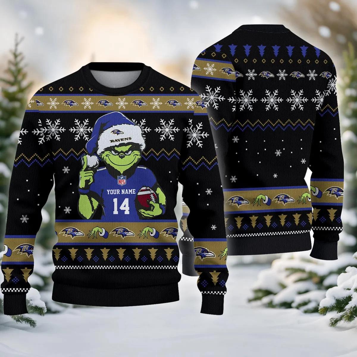 Baltimore Ravens Grinch Custom Ugly Christmas Sweater, NFL Christmas Sweater Moonbestprint