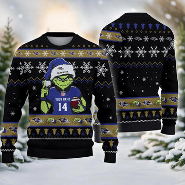 Baltimore Ravens Grinch Custom Ugly Christmas Sweater, NFL Christmas Sweater Moonbestprint