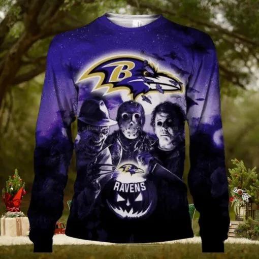 Baltimore Ravens Horror Movie Halloween Ugly Christmas Sweaters, NFL Chritsmas Sweater Moonbestprint