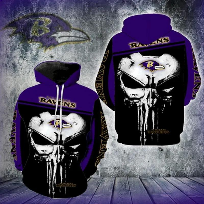 Baltimore Ravens Logo Skull Punisher 3D Hoodie, NFL Hoodie Moonbestprint