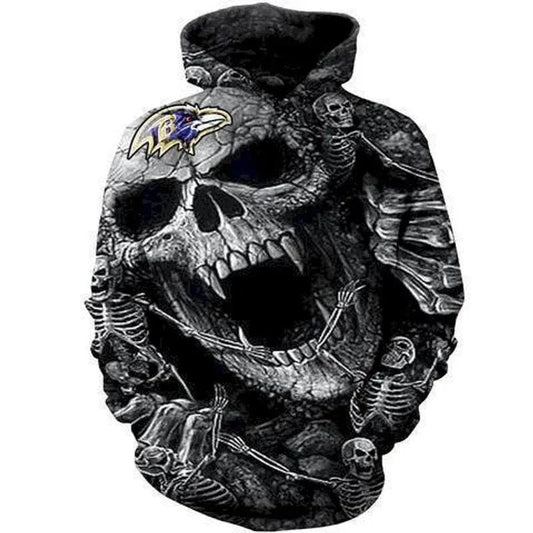 Baltimore Ravens Logo Skull Skeleton 3D Hoodie, NFL Hoodie Moonbestprint