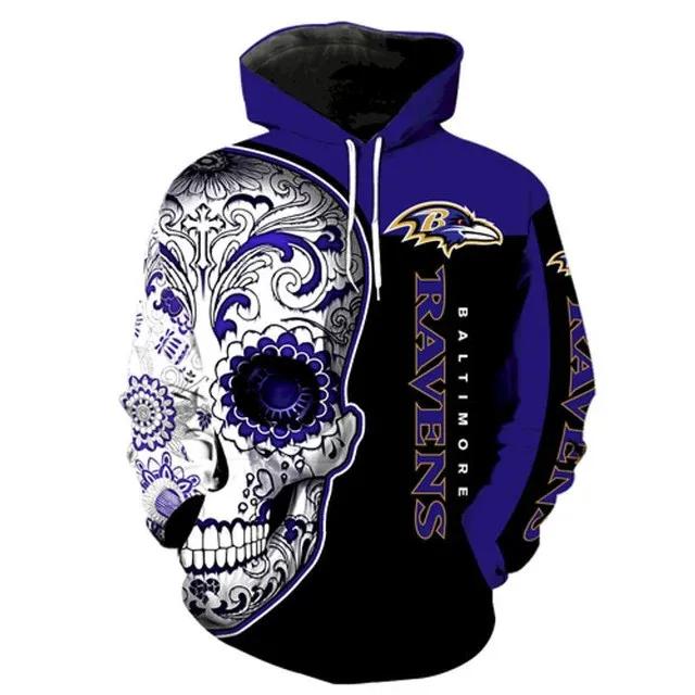 Baltimore Ravens Logo Sugar Skull 3D Hoodie, NFL Hoodie Moonbestprint