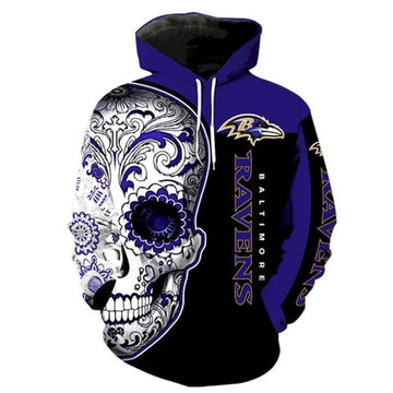 Baltimore Ravens Logo Sugar Skull 3D Hoodie, NFL Hoodie Moonbestprint