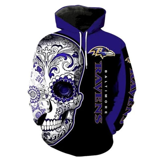 Baltimore Ravens Logo Sugar Skull 3D Hoodie, NFL Hoodie Moonbestprint