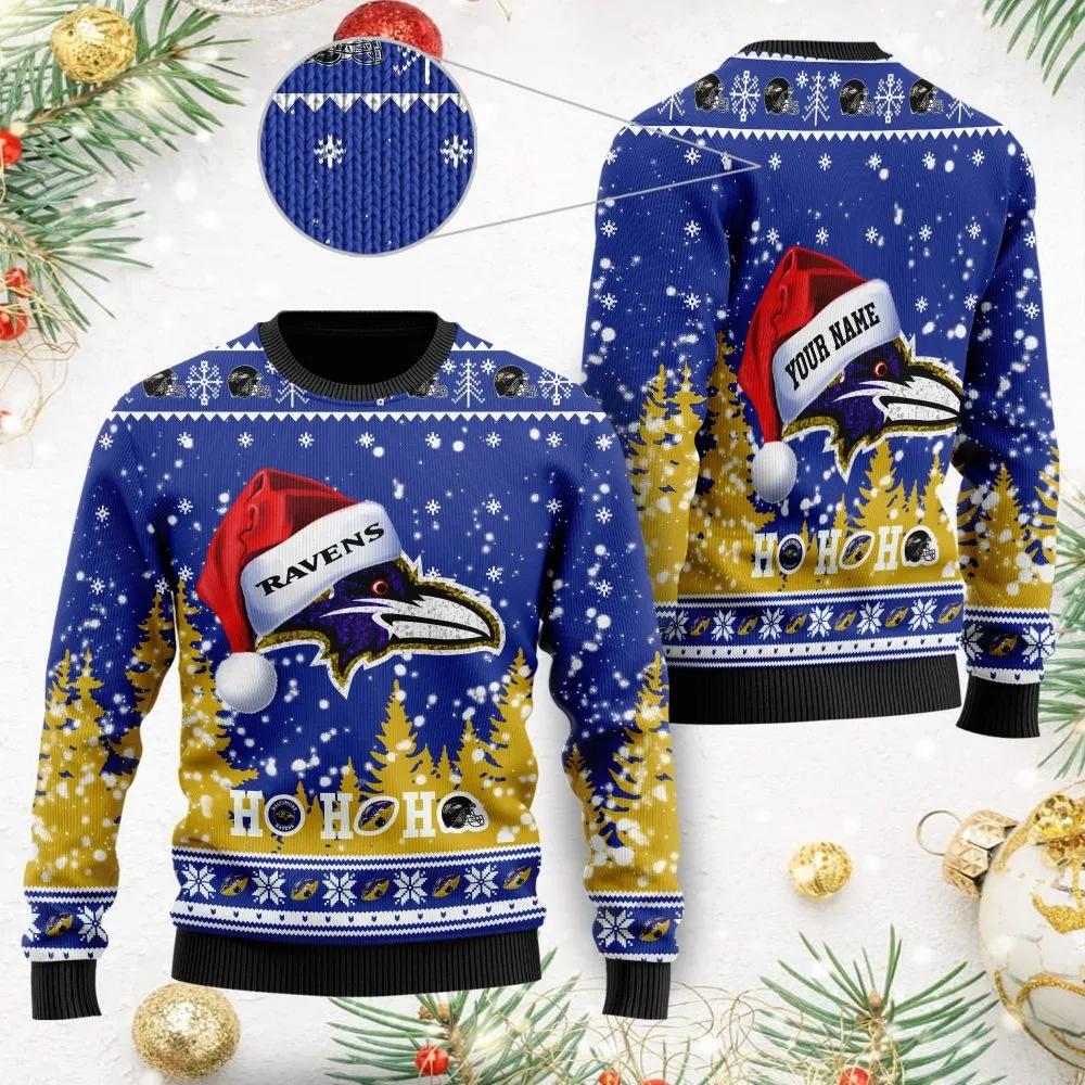 Baltimore Ravens Santa Hat Custom Ugly Christmas Sweater, NFL Christmas Sweater Moonbestprint