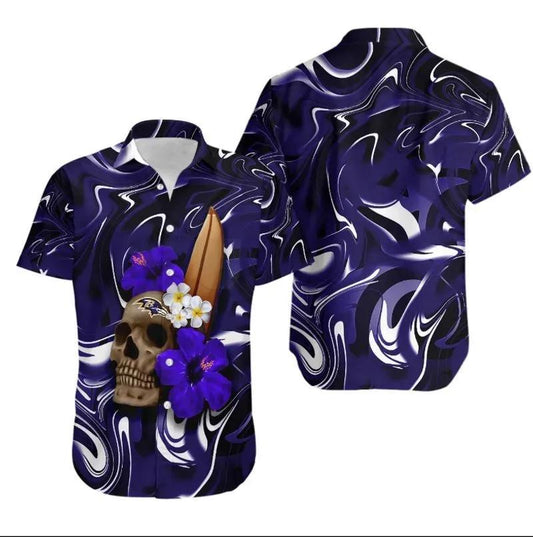 Baltimore Ravens Skull And Hibiscus Flower Nfl Gift For Fan Hawaii Shirt Summer Collection, NFL Hawaiian Shirt Moonbestprint