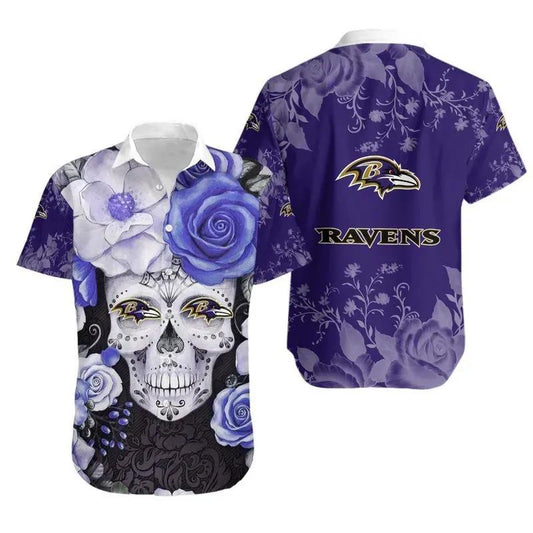 Baltimore Ravens Skull Nfl Gift For Fan Hawaiian Graphic Print Hawaiian Shirt, NFL Hawaiian Shirt Moonbestprint