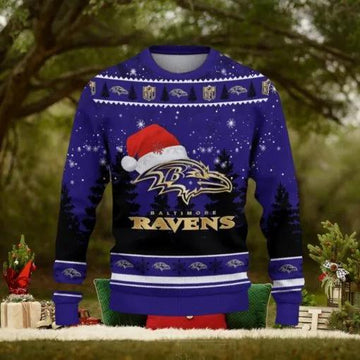 Baltimore Ravens Tree Santa Hat Car For Fans Ugly Christmas Sweater, NFL Chritsmas Sweater Moonbestprint