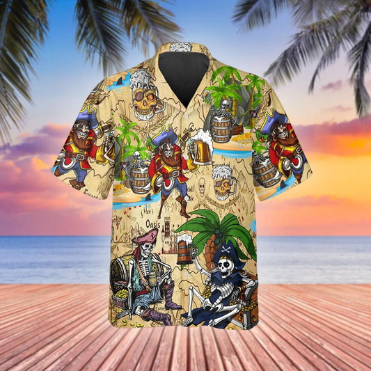 Beach Party Pirates Captain Skeleton Beer Skull Hawaiian Shirt, Hawaiian Button Up Shirt, Tropical Shirts For Men Moonbestprint