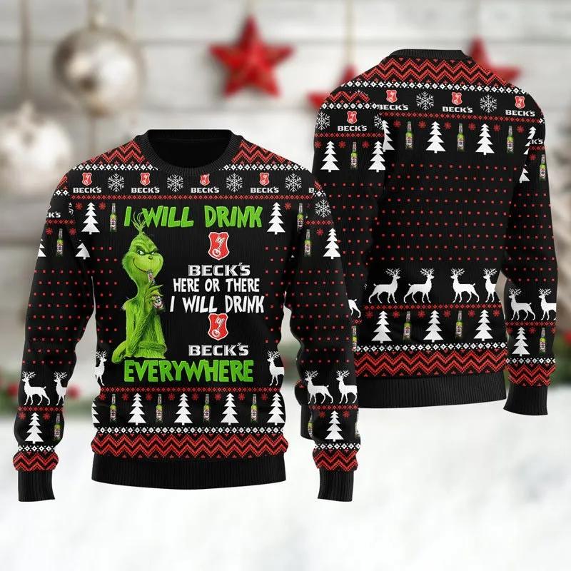 Beck Grinch Will Drink Everywhere Ugly Sweater, Grinch Holiday Sweater Moonbestprint