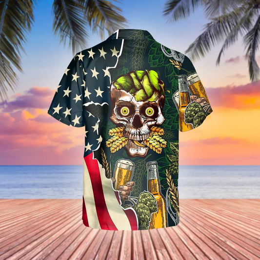 Beer Skull US Flag Hawaiian Shirt, Hawaiian Button Up Shirt, Tropical Shirts For Men Moonbestprint