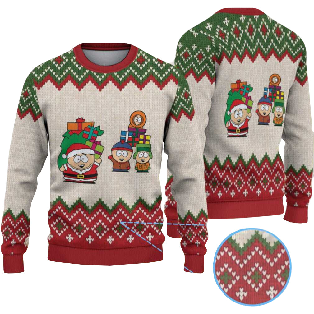 Beige & Green South Park Characters with Christmas Gifts Zigzag Ugly Christmas Sweater 2025 – Moonbestprint