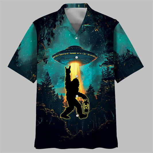 Bigfoot Alien Camping Night Hawaiian Shirt - Moonbestprint