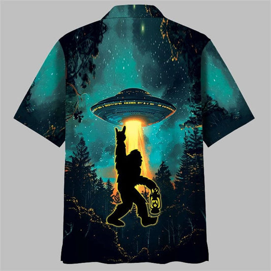 Bigfoot Alien Camping Night Hawaiian Shirt - Moonbestprint