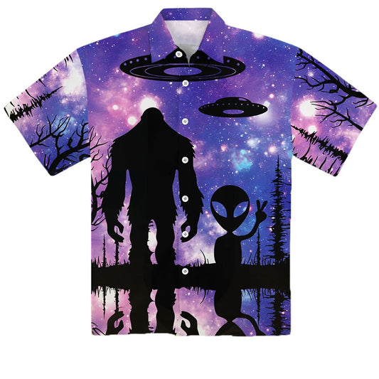 Bigfoot Alien Chest Pocket Short Sleeve Hawaiian Shirt - Moonbestprint