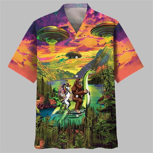 Bigfoot Alien Riding Nessie Hawaiian Shirt - Moonbestprint