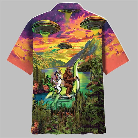 Bigfoot Alien Riding Nessie Hawaiian Shirt - Moonbestprint