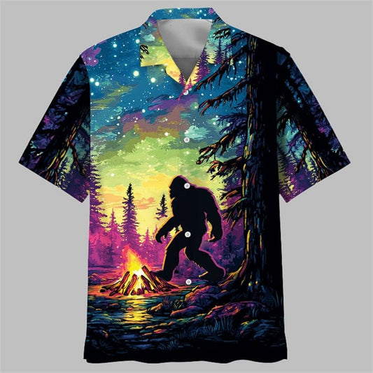 Bigfoot Alone Campfire Night Hawaiian Shirt - Moonbestprint