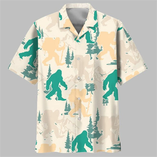 Bigfoot Hiking Mountain And Trees Hawaiian Shirt - Moonbestprint
