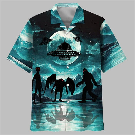 Bigfoot and Mothman Alien Hawaiian Shirt - Moonbestprint