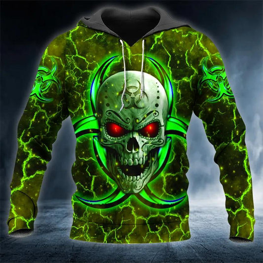 Biohazard Symbol Green Flame Skull 3D Hoodie Moonbestprint