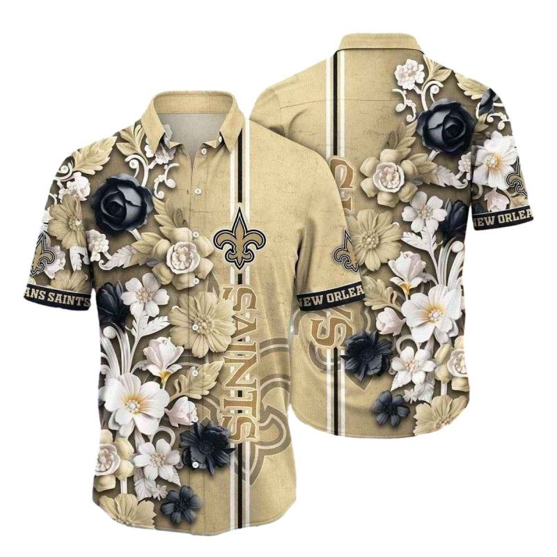 Black And Gold Floral New Orleans Saints Fan Hawaiian Shirt - Moonbestprint